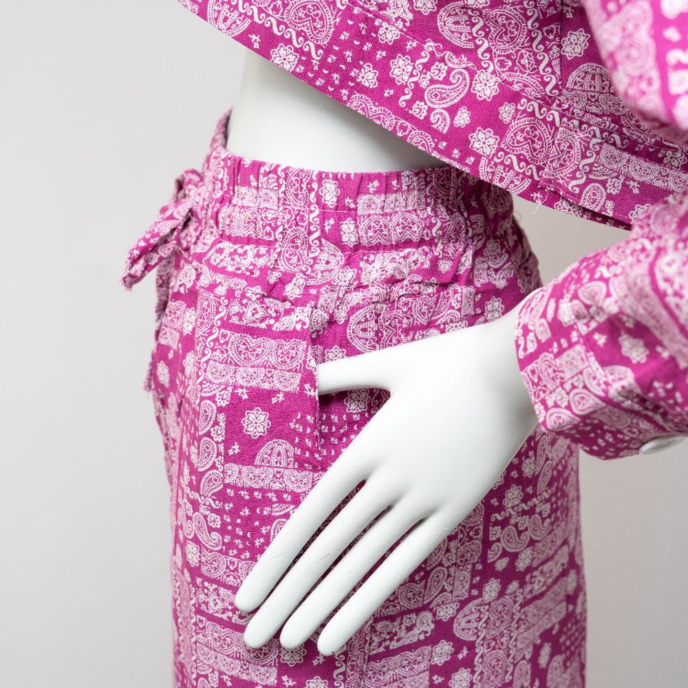 Women's Three Piece Paisley Pink Pattern Crop Jacket and Loose Pants Handmade - Picture 2 of 11